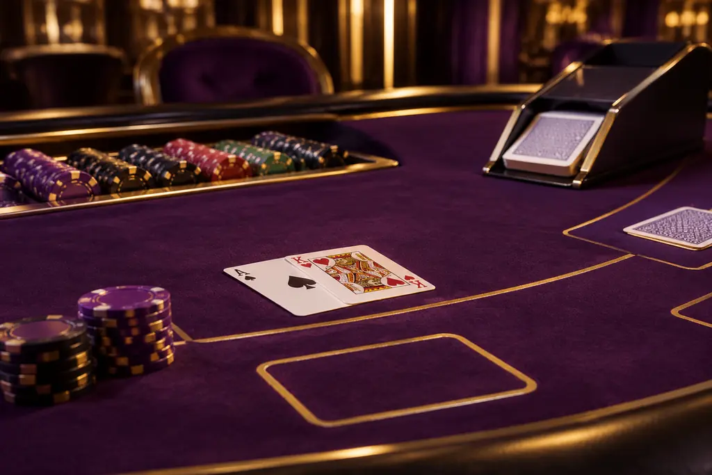 Meja blackjack casino dengan kartu dan chip