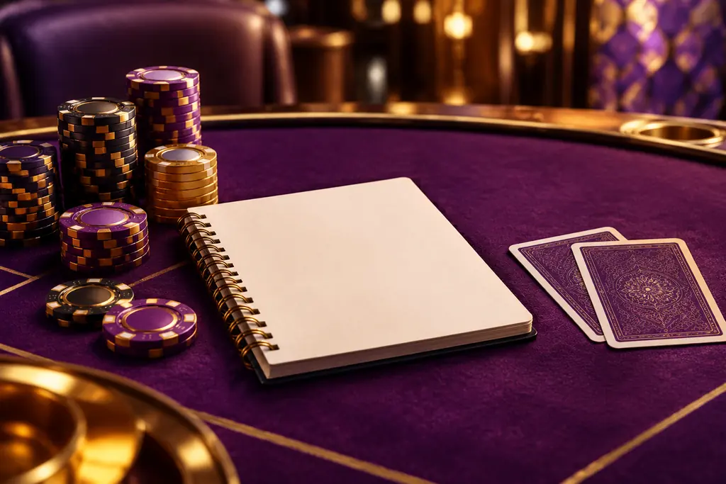 Susunan chip dan catatan kosong di meja casino