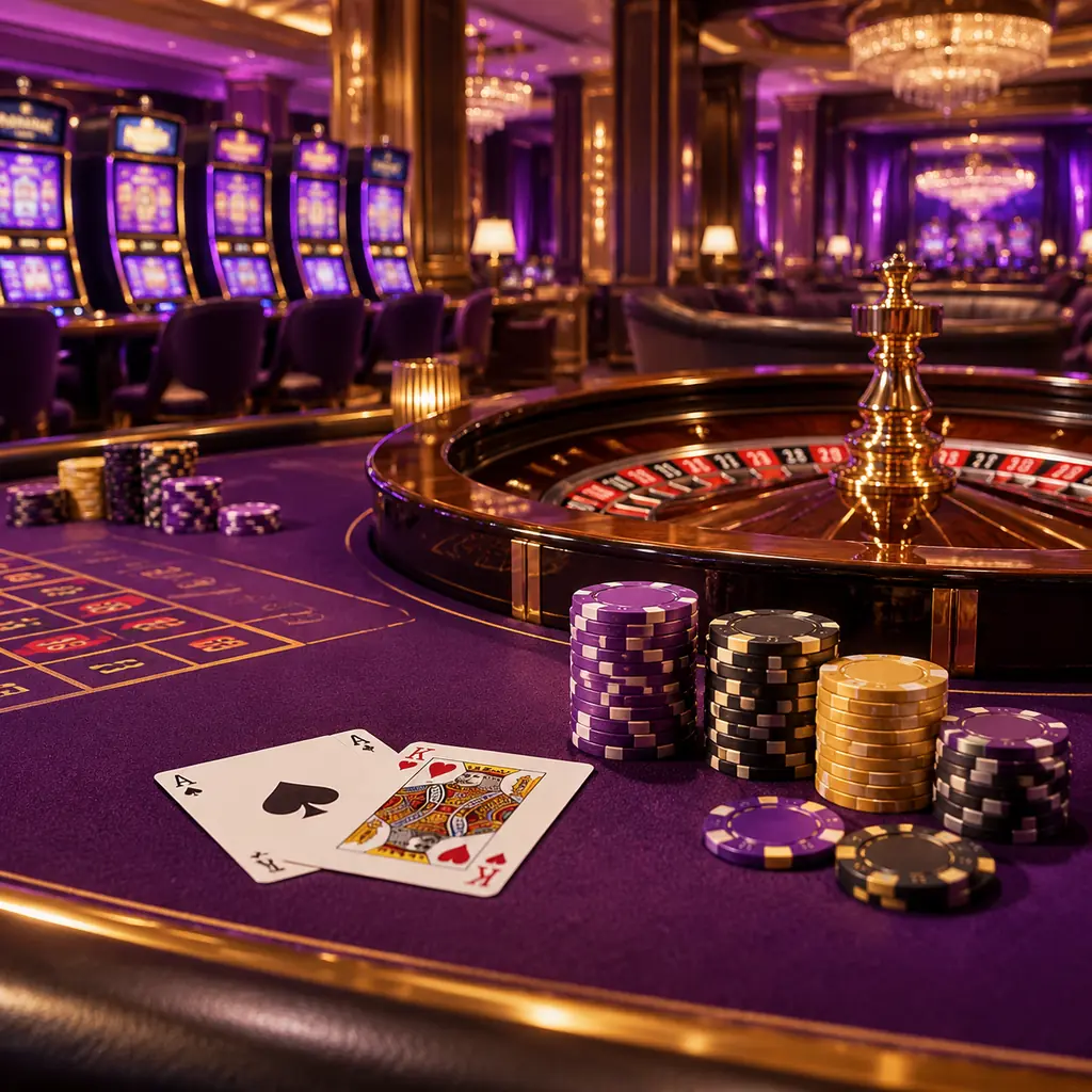 Ruang casino dengan meja roulette, kartu dan susunan chip