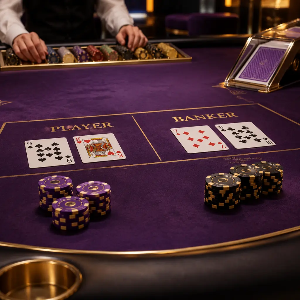 Meja baccarat casino dengan sepatu kartu dan chip