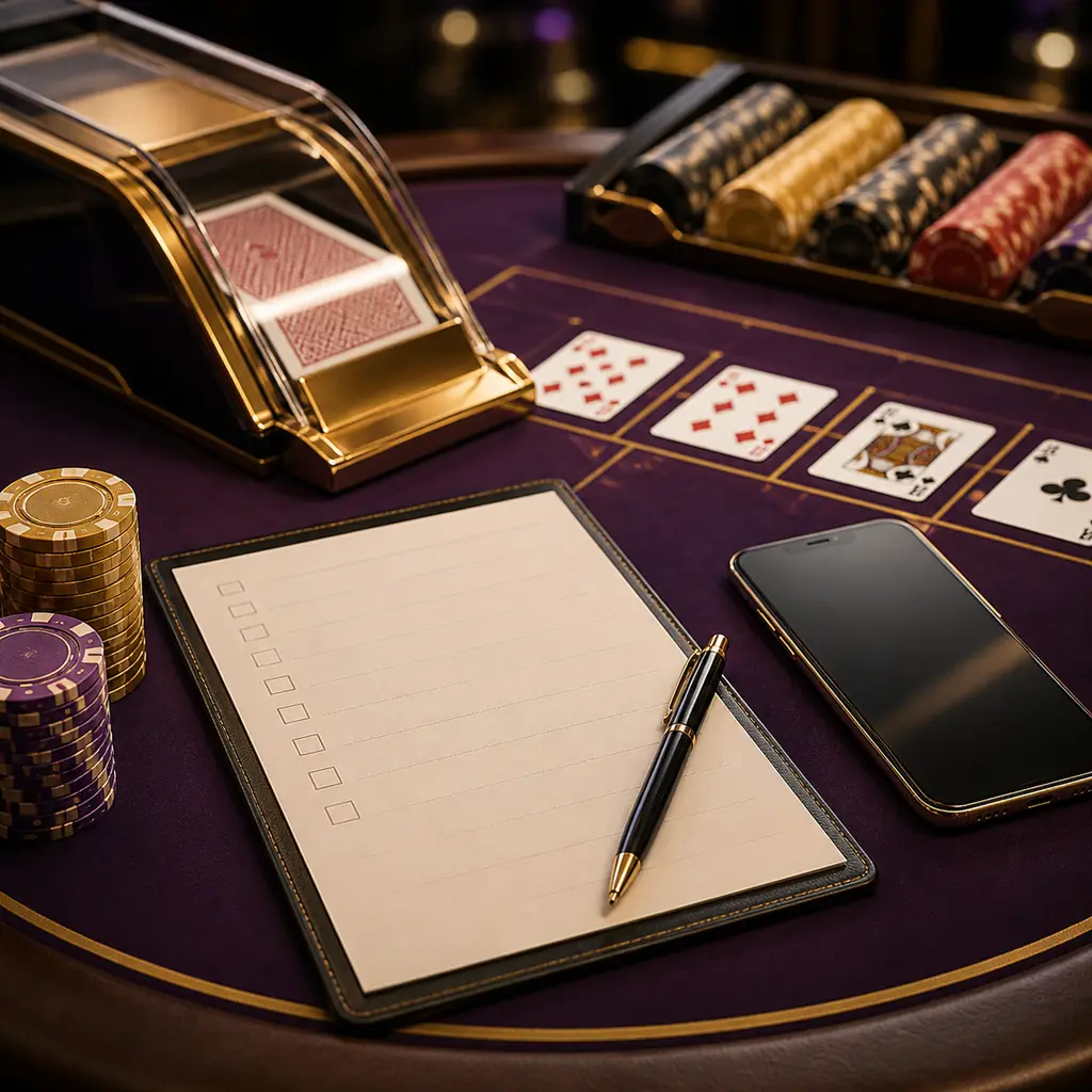 Kartu catatan dan perangkat di meja casino