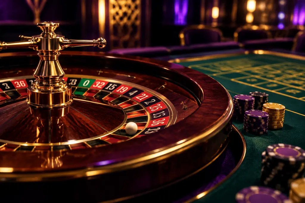 Roda roulette dan bola putih di meja casino