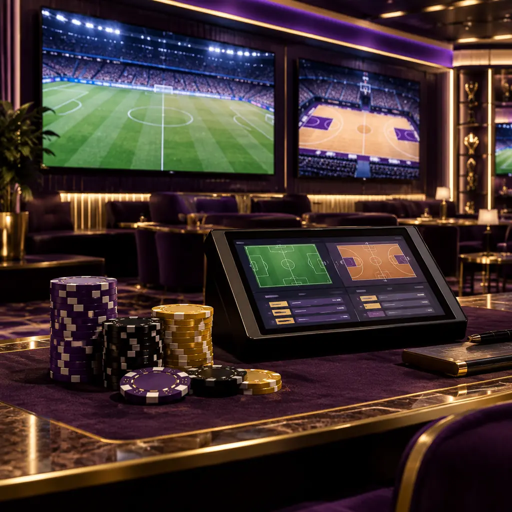 Area casino bertema olahraga dengan layar lapangan dan chip